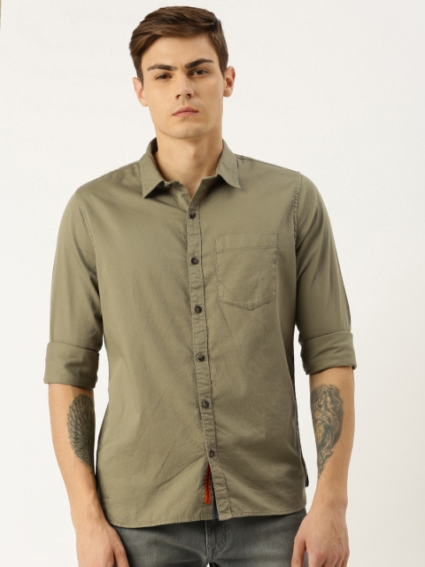 

SINGLE Men Olive Green Regular Fit Solid Casual Shirt
