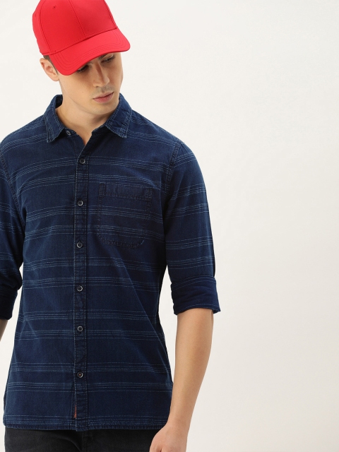 

SINGLE Men Navy Blue Slim Fit Striped Casual Shirt