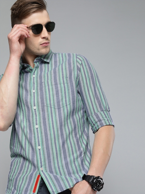 

SINGLE Men Navy Blue & Green Slim Fit Striped Casual Shirt