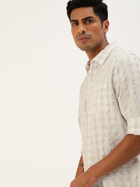 

SINGLE Men White & Brown Slim Fit Checked Casual Shirt