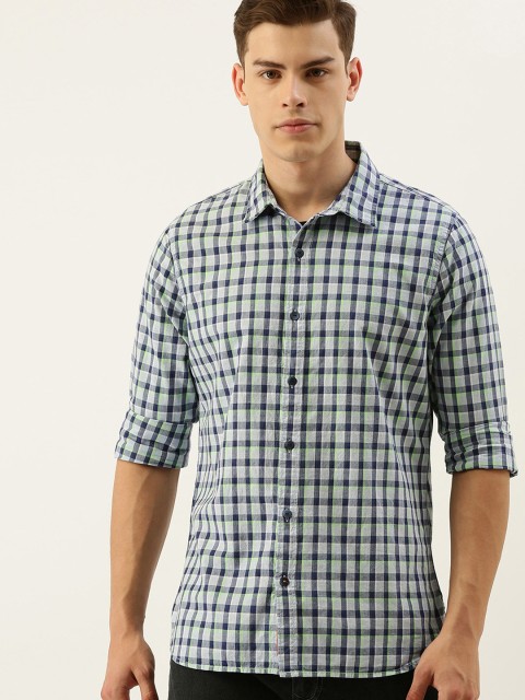 

SINGLE Men Navy Blue & White Slim Fit Checked Casual Shirt