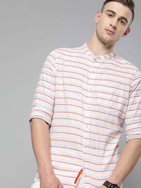

SINGLE Men White & Red Slim Fit Striped Casual Shirt