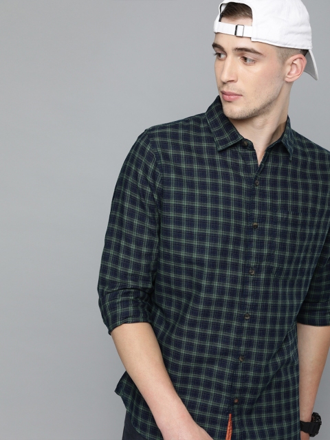 

SINGLE Men Navy Blue & Green Slim Fit Checked Casual Shirt