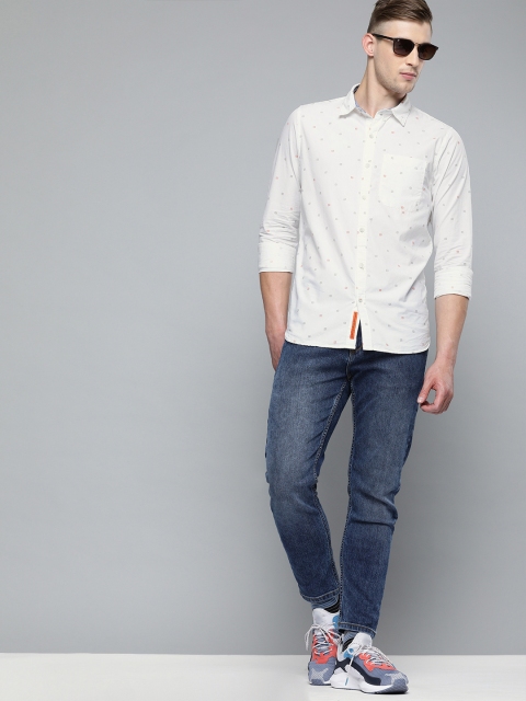 

SINGLE Men White & Grey Slim Fit Printed Casual Shirt