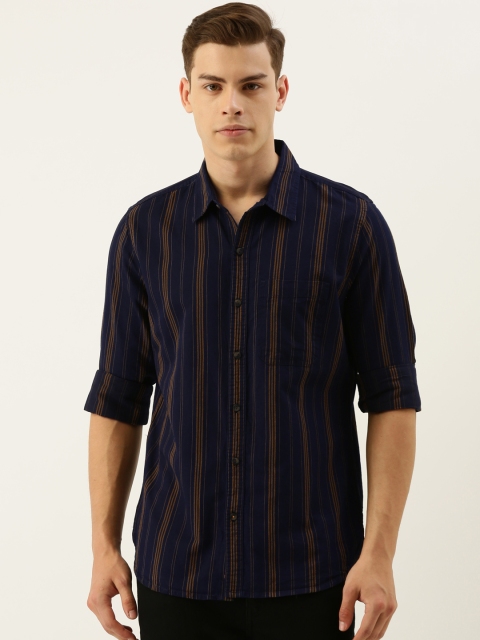 

SINGLE Men Navy Blue & Khaki Slim Fit Striped Casual Shirt
