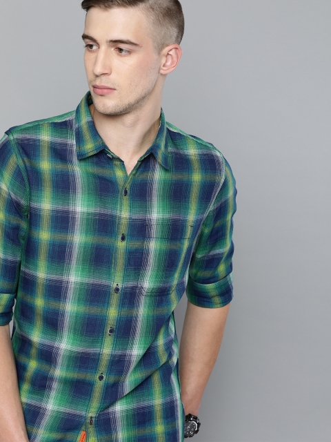 

SINGLE Men Green & Blue Slim Fit Checked Casual Shirt