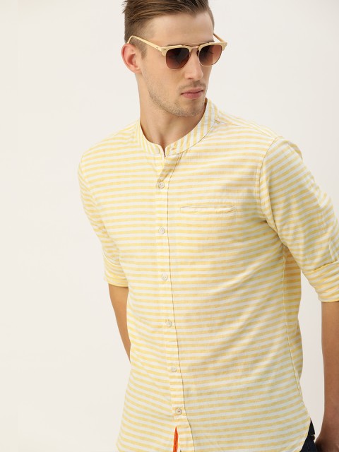

SINGLE Men Yellow & White Striped Slim Fit Casual Shirt