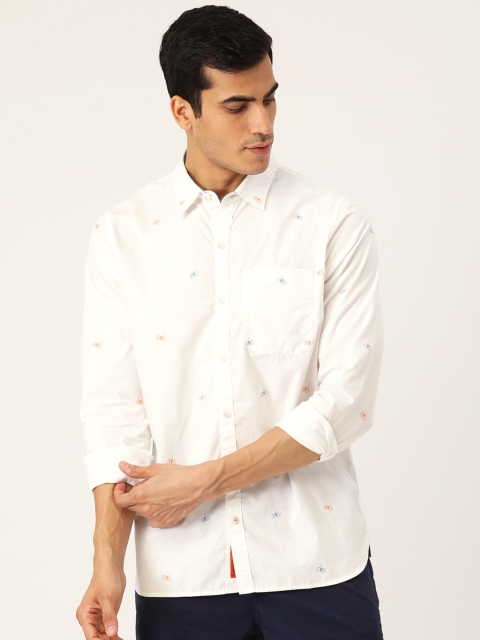 

SINGLE Men White & Orange Quirky Slim Fit Printed Casual Shirt
