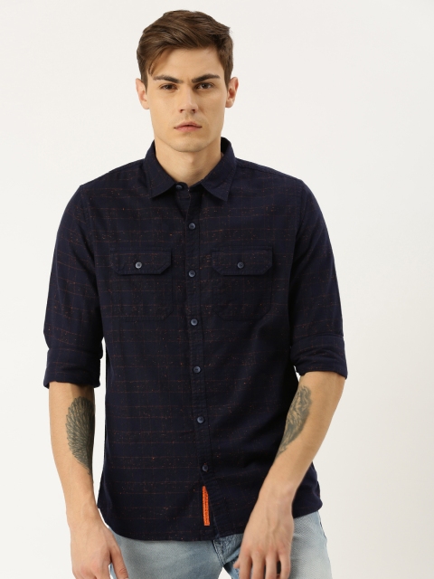 

SINGLE Men Navy Blue & Orange Slim Fit Checked Casual Shirt