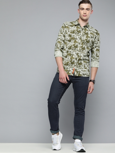 

SINGLE Men Olive Green & Off-White Slim Fit Printed Casual Shirt