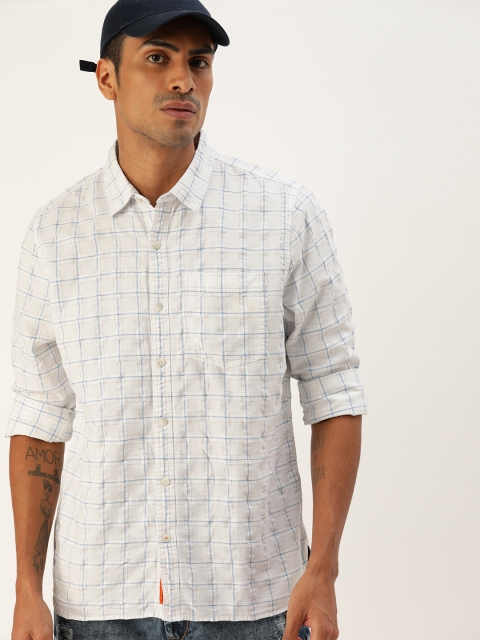 

SINGLE Men White & Green Slim Fit Checked Casual Shirt