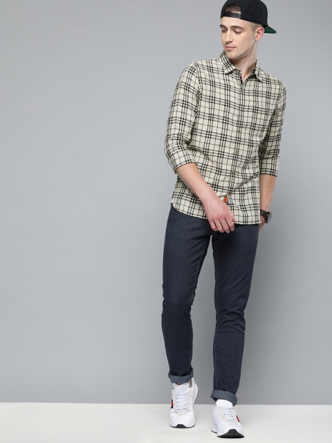 

SINGLE Men Beige & Black Slim Fit Checked Casual Shirt