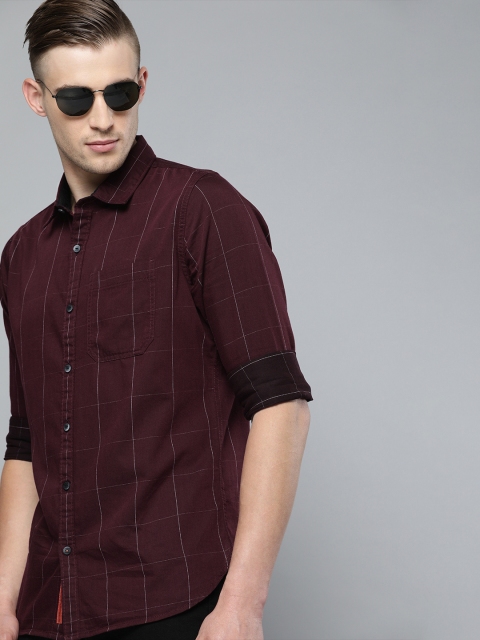 

SINGLE Men Burgundy & White Slim Fit Checked Casual Shirt