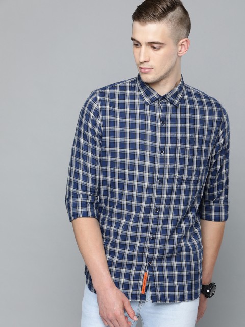 

SINGLE Men Blue & Cream-Coloured Slim Fit Checked Casual Shirt