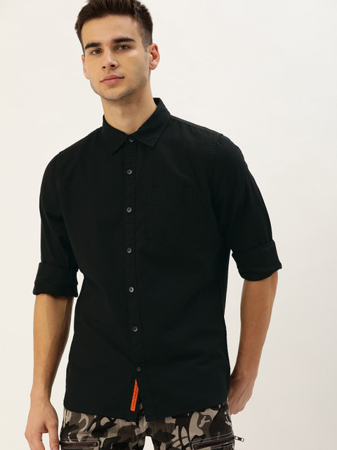 

SINGLE Men Black Slim Fit Solid Casual Shirt