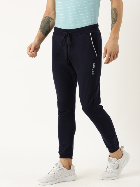 

SINGLE Men Navy Blue Solid Slim Fit Joggers with Printed Detail