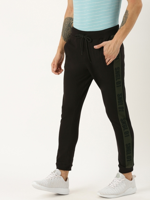 

SINGLE Men Black Solid Slim Fit Joggers with Printed Detail