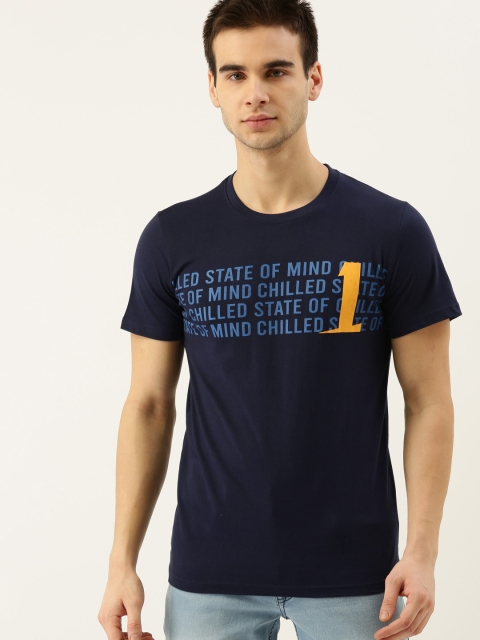 

SINGLE Men Navy Blue Printed Slim Fit Round Neck T-shirt