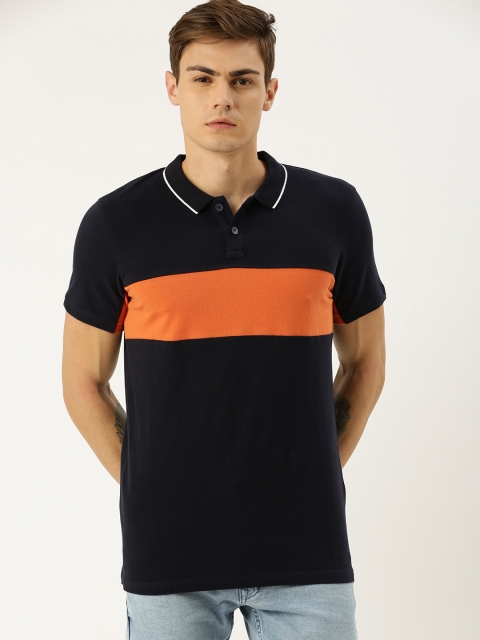 

SINGLE Men Navy Blue Orange Colourblocked Polo Collar Pure Cotton T-shirt