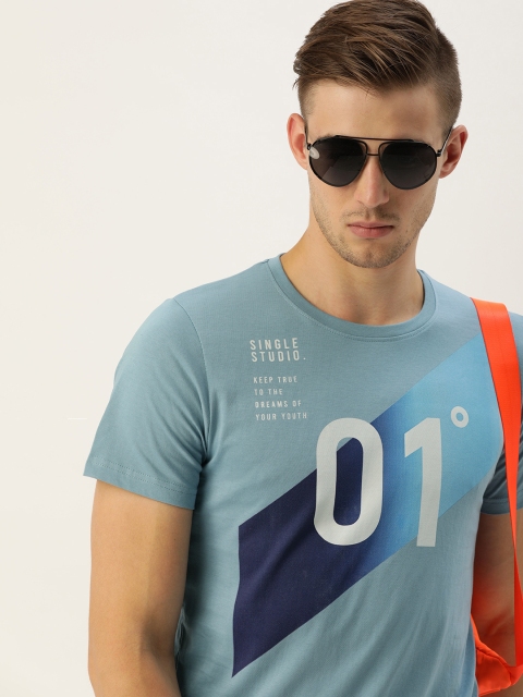 

SINGLE Men Blue Printed Slim Fit Round Neck T-shirt