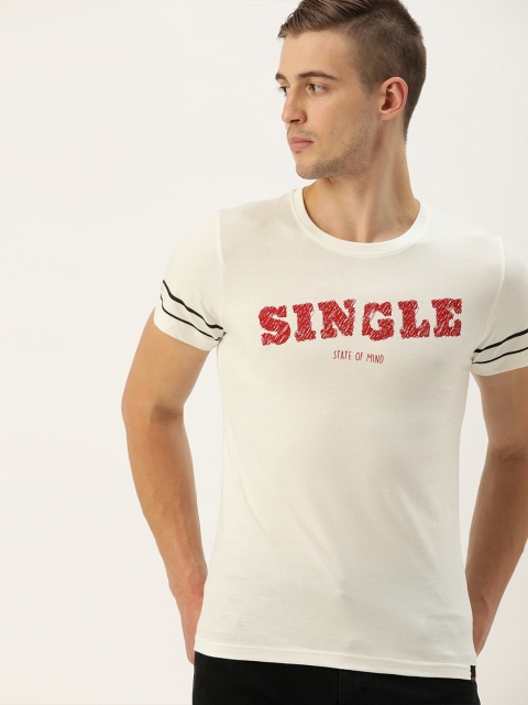 

SINGLE Men White Printed Slim Fit Round Neck T-shirt