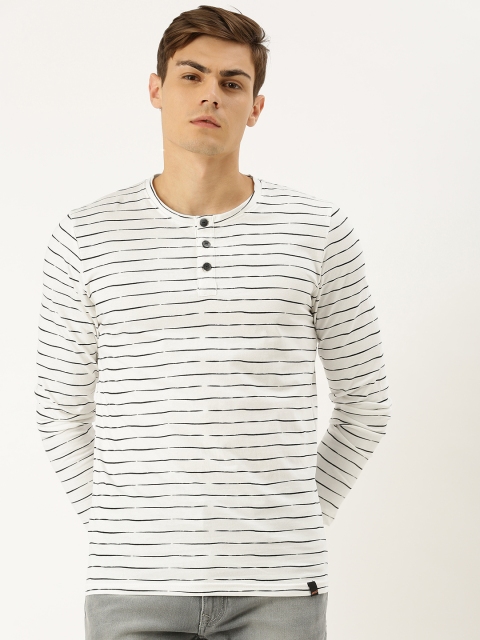

SINGLE Men Off-White & Black Striped Henley Neck T-shirt