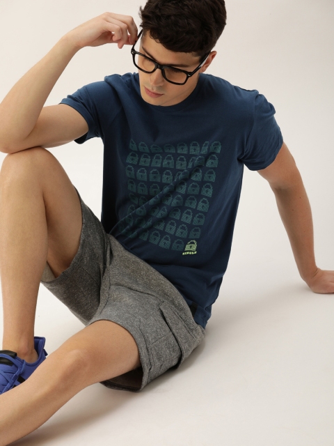 

SINGLE Men Navy Blue Printed Round Neck T-shirt