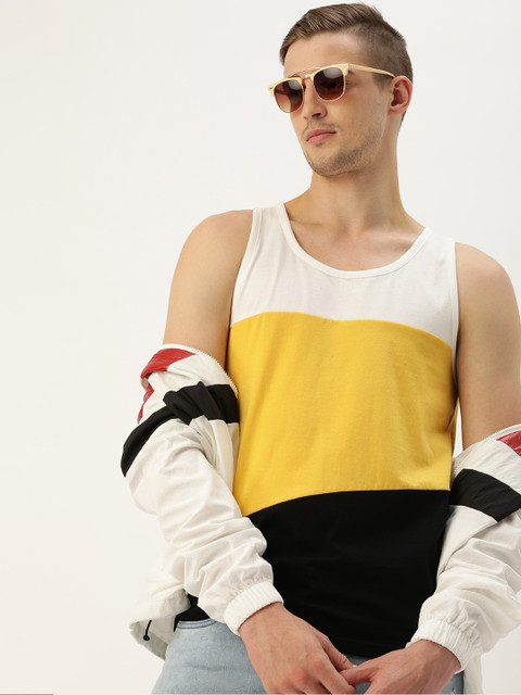 

SINGLE Men Mustard Yellow Black Colourblocked Slim Fit Round Neck Pure Cotton T-shirt