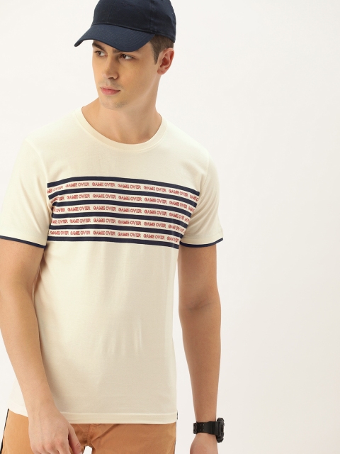 

SINGLE Men Off-White & Navy Blue Slim Fit Striped Round Neck T-shirt