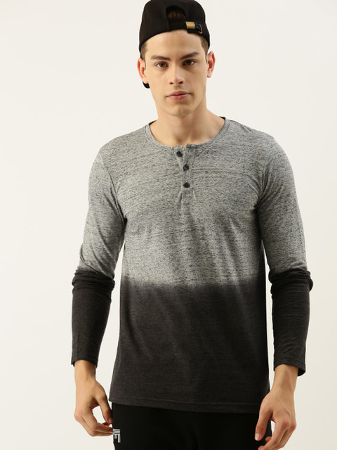 

SINGLE Men Grey Dyed Slim Fit Henley Neck T-shirt