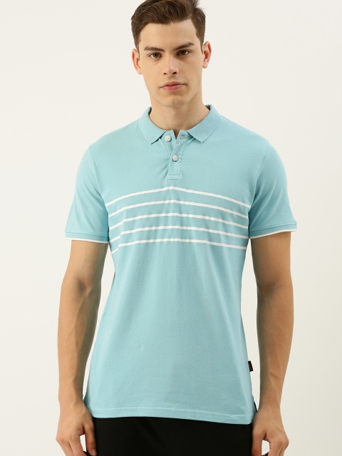 

SINGLE Men Blue & White Striped Polo Collar T-shirt