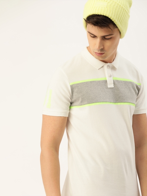 

SINGLE Men White Colourblocked Slim Fit Polo Collar T-shirt