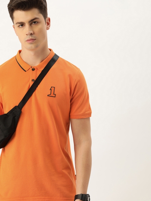 

SINGLE Men Orange Solid Polo Collar Pure Cotton T-shirt With Applique Detail