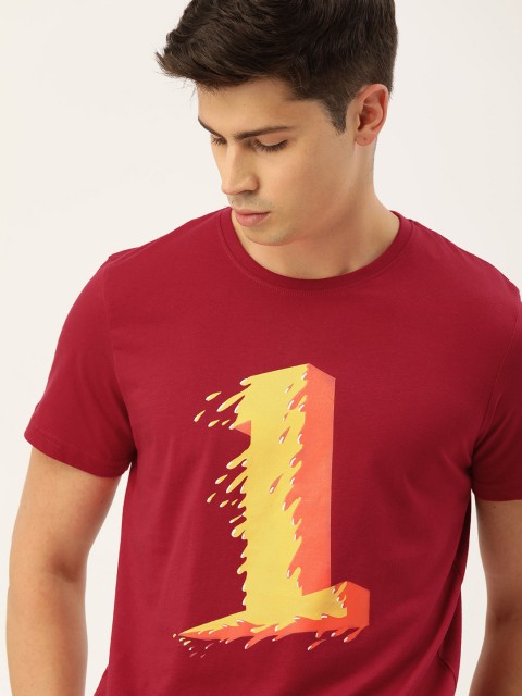 

SINGLE Men Red Printed Slim Fit Round Neck Pure Cotton T-shirt