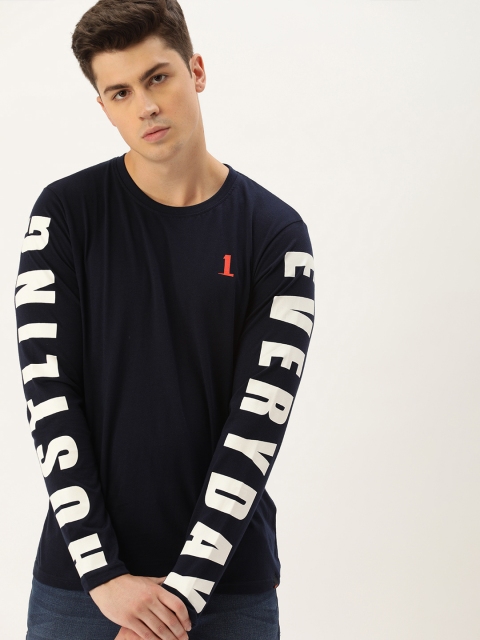

SINGLE Men Navy Blue Solid Slim Fit Round Neck T-shirt With Printed Sleeves