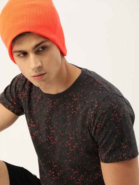 

SINGLE Men Charcoal Grey & Orange Printed Slim Fit Round Neck T-shirt