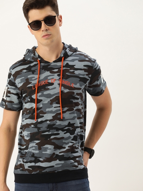 

SINGLE Men Grey & Brown Printed Slim Fit Hooded Camouflage Sweatshirt