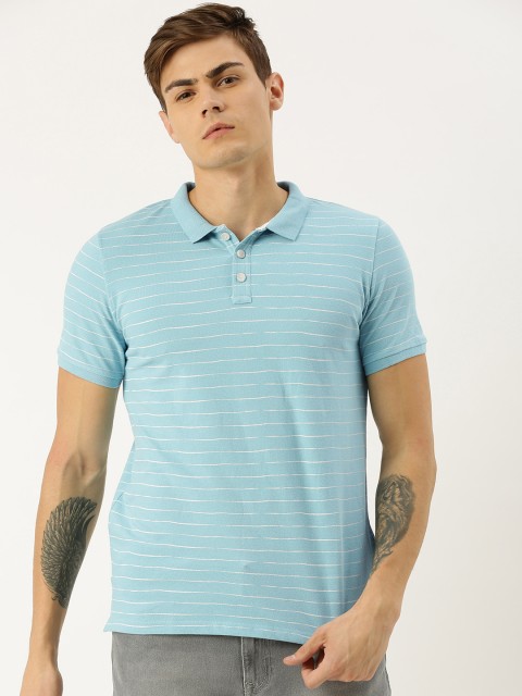 

SINGLE Men Blue & White Striped Polo Collar T-shirt
