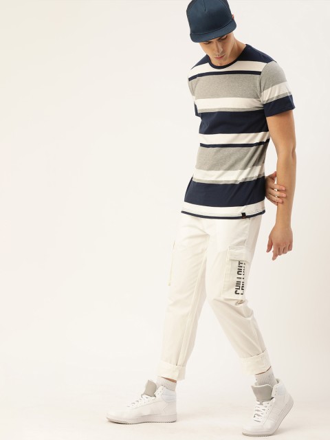 

SINGLE Men Navy Blue White Striped Slim Fit Round Neck Pure Cotton T-shirt