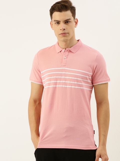 

SINGLE Men Pink & White Striped Polo Collar T-shirt