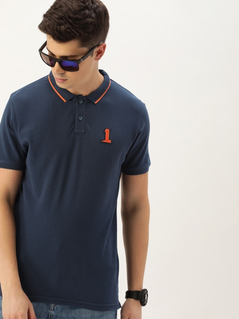 

SINGLE Men Navy Blue Solid Polo Collar Pure Cotton T-shirt With Applique Detail