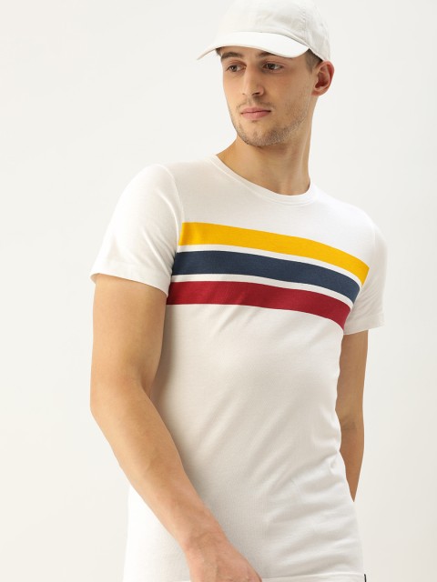 

SINGLE Men Off-White & Yellow Striped Slim Fit Round Neck T-shirt