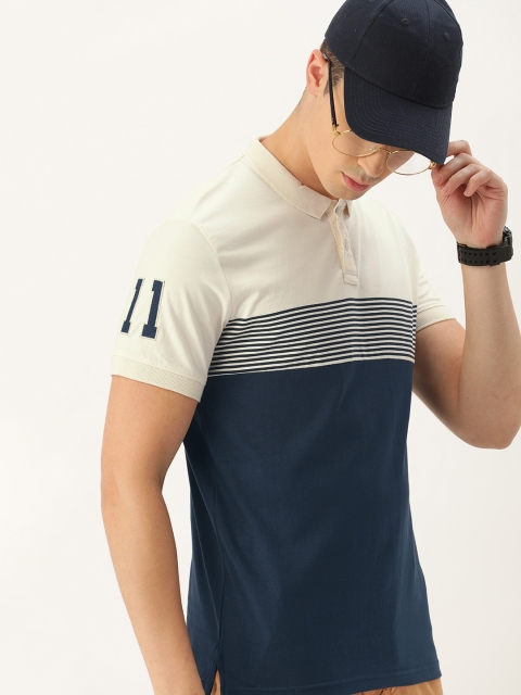 

SINGLE Men Navy Blue & Off-White Slim Fit Colourblocked Polo Collar T-shirt