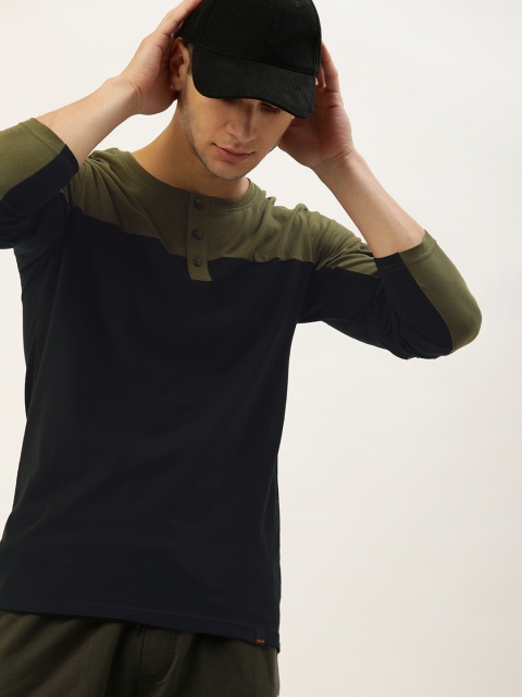 

SINGLE Men Black & Olive Green Colourblocked Henley Neck T-shirt