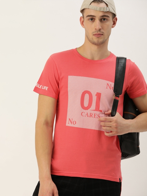 

SINGLE Men Coral Pink Printed Slim Fit Round Neck T-shirt