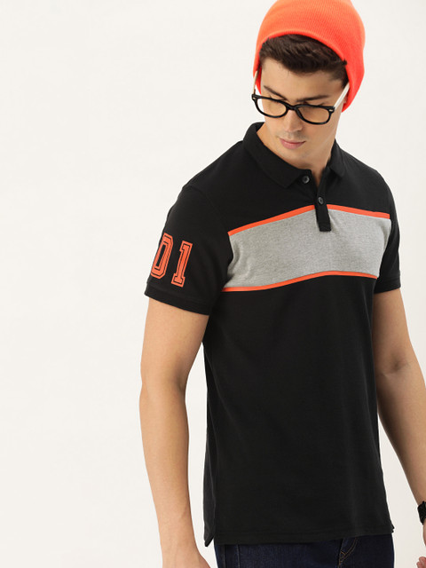 

SINGLE Men Black Grey Melange Colourblocked Slim Fit Polo Collar Pure Cotton T-shirt
