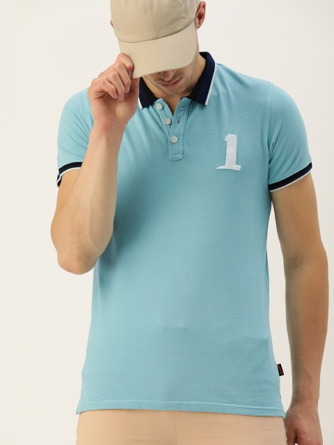 

SINGLE Men Turquoise Blue Solid Polo Collar T-shirt With Embroidered Detail