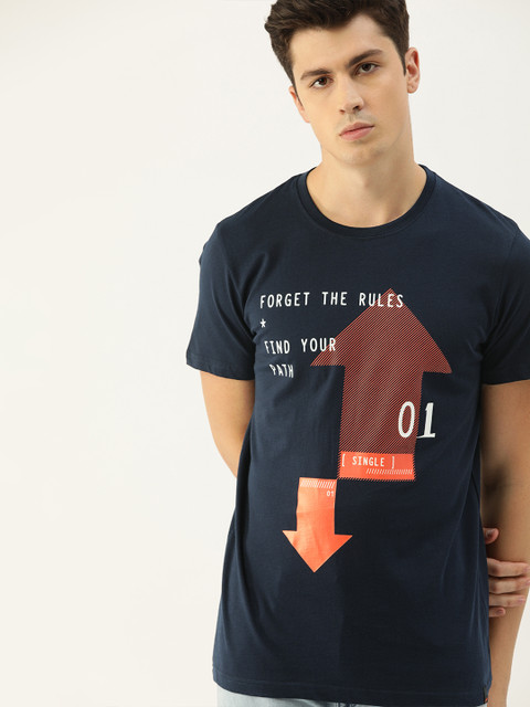 

SINGLE Men Navy Blue Printed Slim Fit Round Neck T-shirt