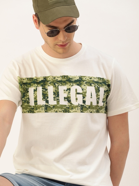 

SINGLE Men White Printed Round Neck Boxy Fit Pure Cotton T-shirt