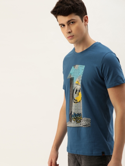 

SINGLE Men Blue Printed Slim Fit Round Neck T-shirt